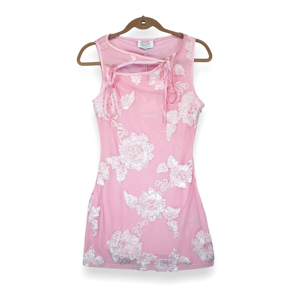Peppermayo Pink Mini Dress with White Floral Lace